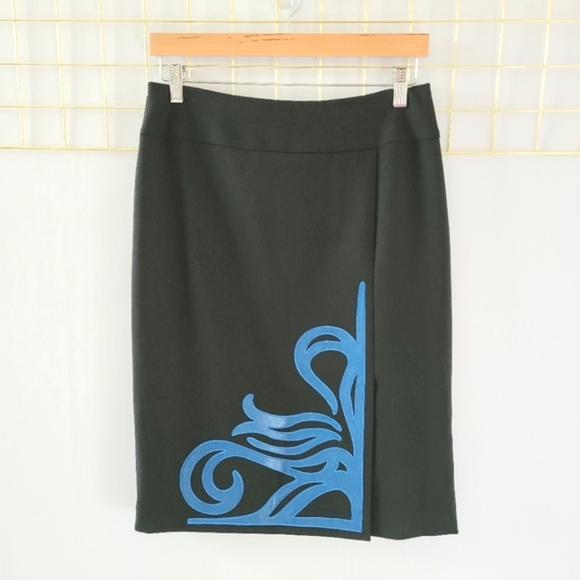 Carlisle Viscose Blend Blue Genuine Leather Detail Black Pencil Skirt - Picture 1 of 10